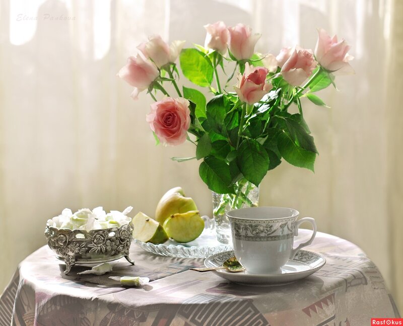 Roses and Tea on Table — Pink, Serene, Morning