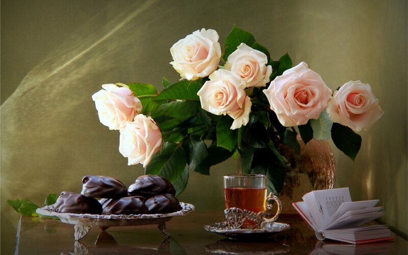 Roses and Tea on Table — Pink, Serene, Photograph