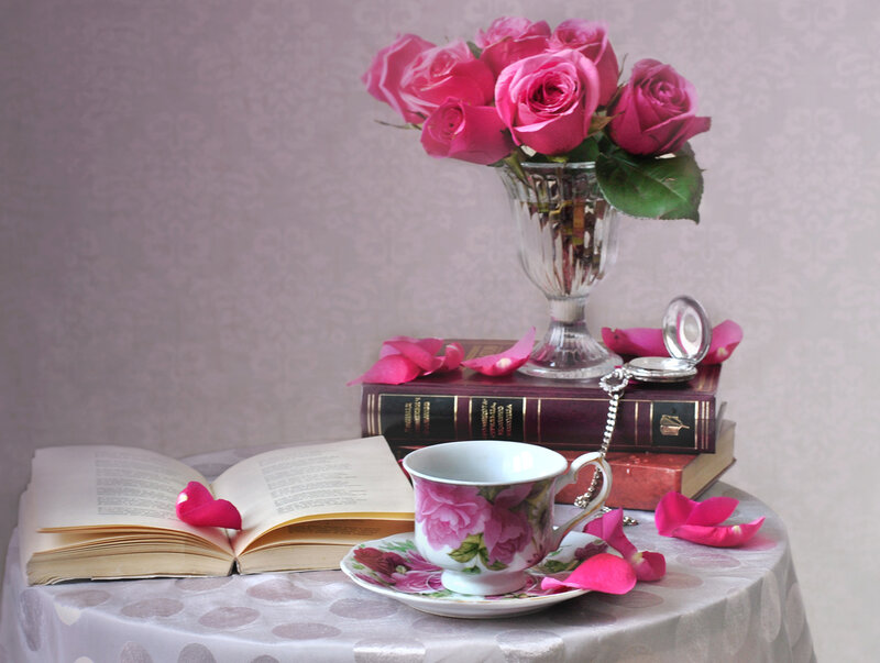 Roses and Tea on Table — Pink, Serene