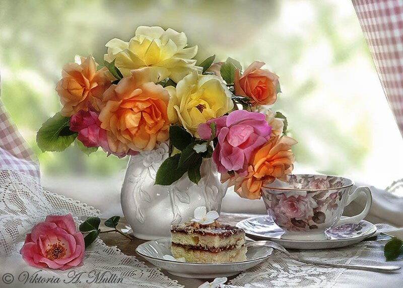 Roses and Tea on Table — Pink