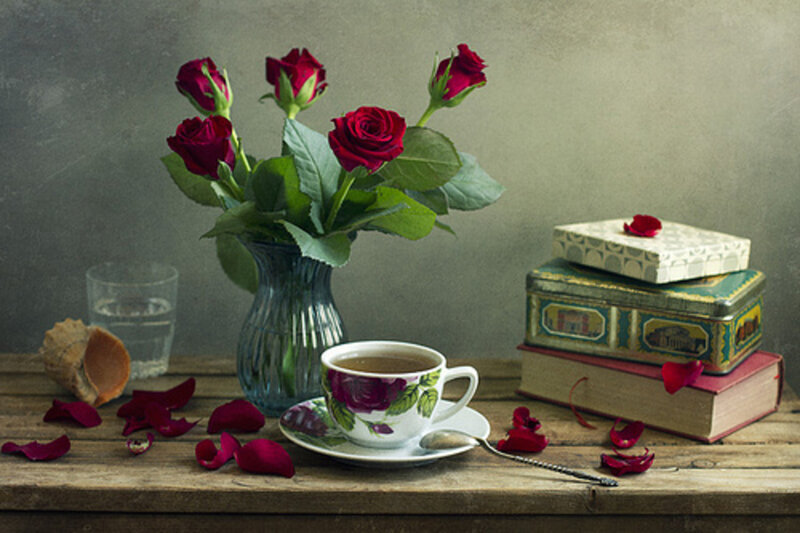 Roses and Tea on Table — Red