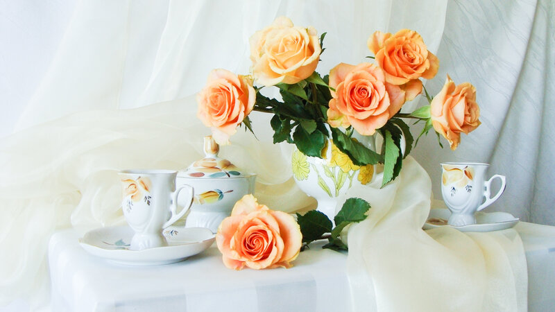 Roses and Tea Set — Orange, Serene