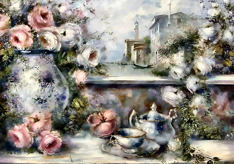 Roses and Tea Set — Pink, Serene, Afternoon