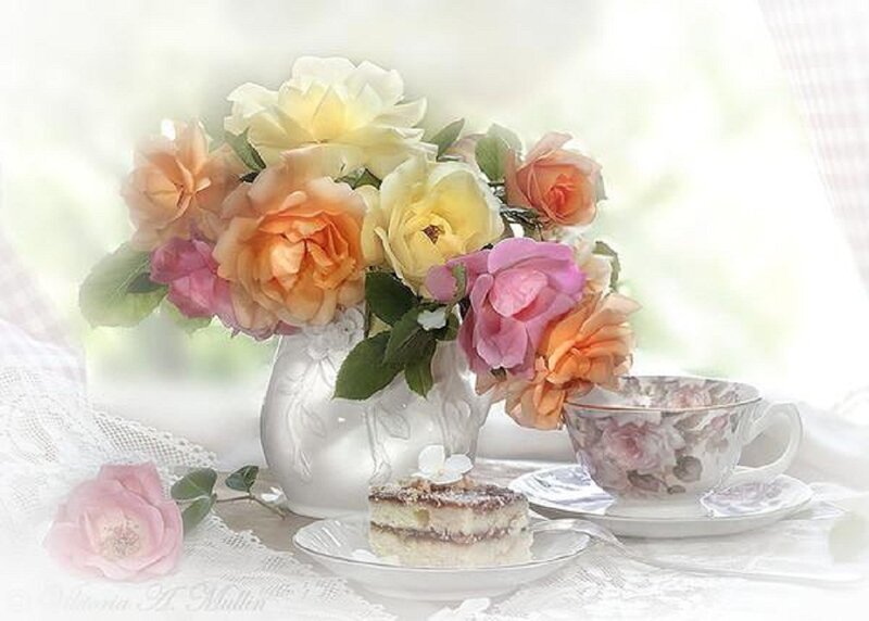 Roses and Tea Set — Pink, Serene, Morning, Photograph, Flowers