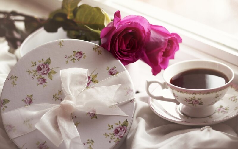 Roses and Tea Set — Pink, Serene, Morning, Photograph, Rose, Cup
