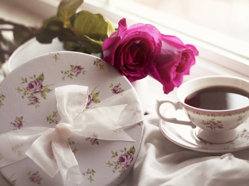 Roses and Tea Set — Pink, Serene, Morning, Photograph, Rose