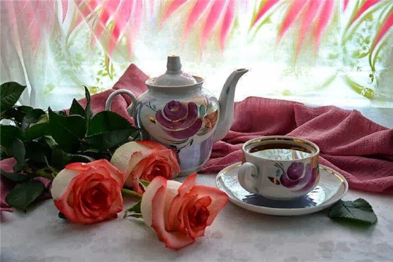 Roses and Tea Set — Pink, Serene, Morning, Photograph, Teapot, Cup