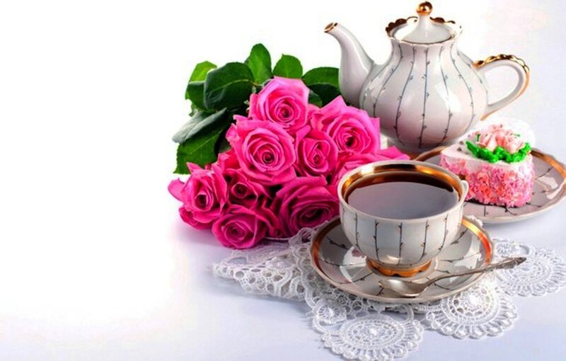 Roses and Tea Set — Pink, Serene, Morning, Photograph, Teapot