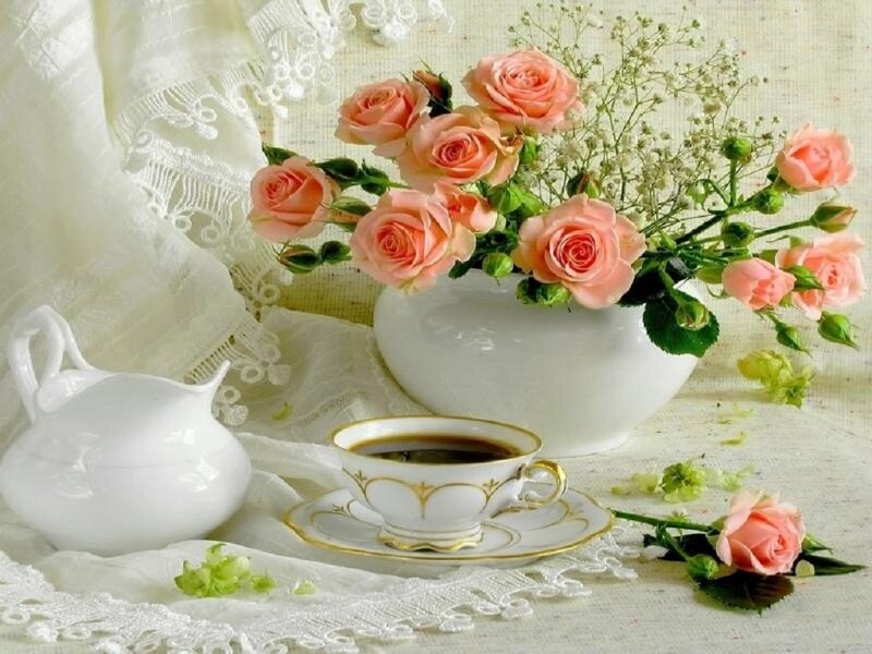 Roses and Tea Set — Pink, Serene, Morning
