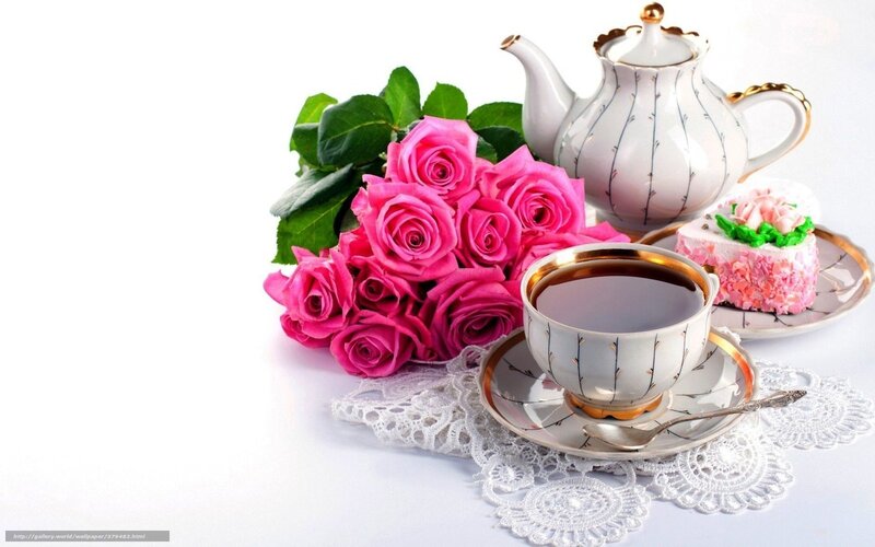 Roses and Tea Set — Pink, Serene, Photograph, Cake