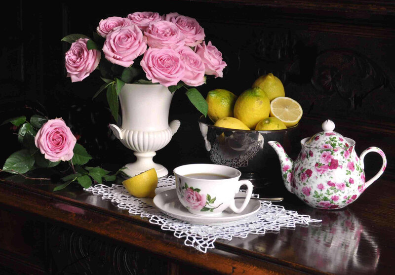 Roses and Tea Set — Pink, Serene, Photograph, Lemons