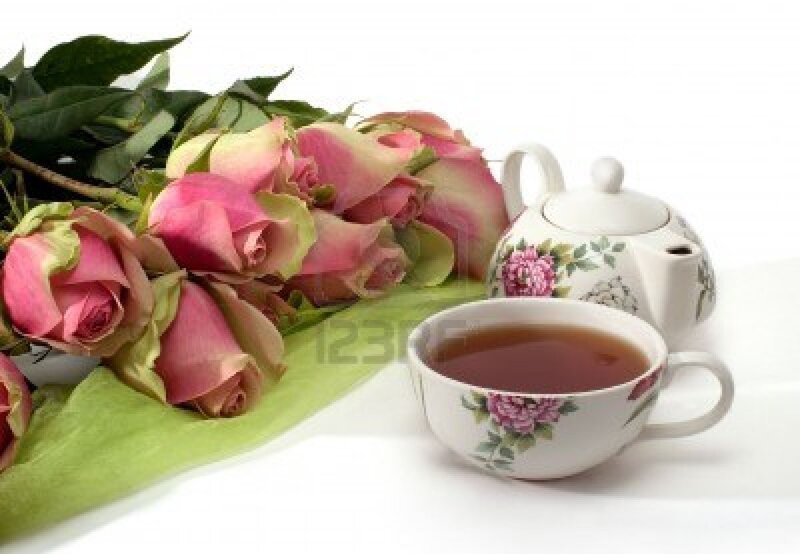 Roses and Tea Set — Pink, Serene, Photograph
