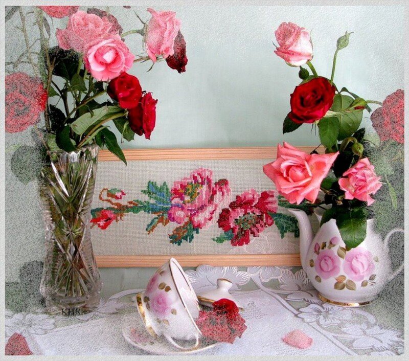 Roses and Tea Set — Pink, Serene, Photograph, Vase