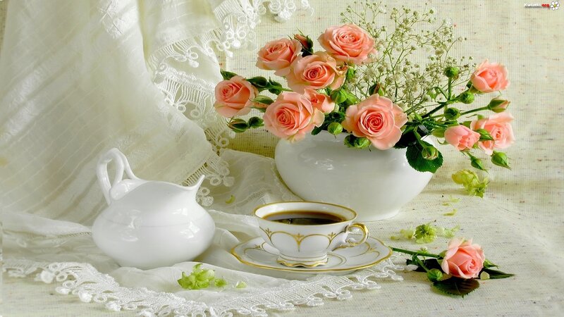 Roses and Tea Set — White, Serene, Morning