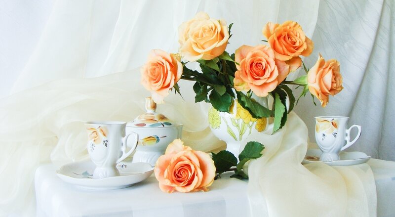 Roses and Tea Set — White, Serene, Photograph, Flowers