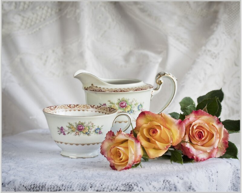 Roses and Tea Set — White, Serene, Photograph, Teacup