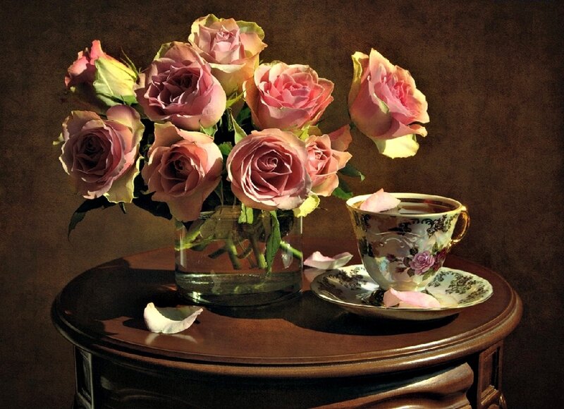 Roses and Teacup — Brown, Serene