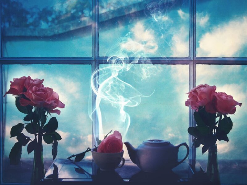 Roses and Teapot on Windowsill