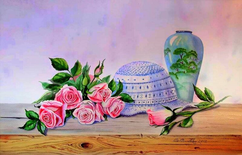 Roses and Vase on Table