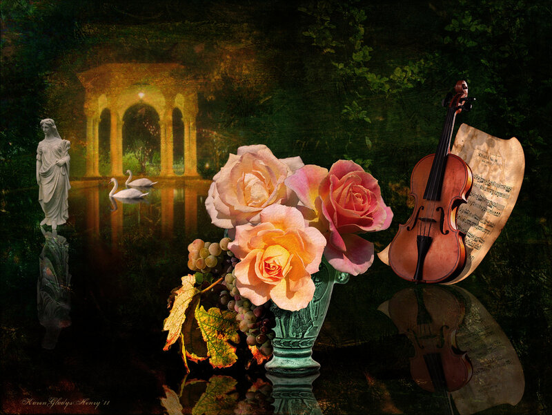 Roses and Violin in Garden