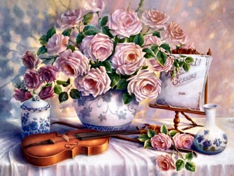 Roses and Violin — Pink, Serene, Painting