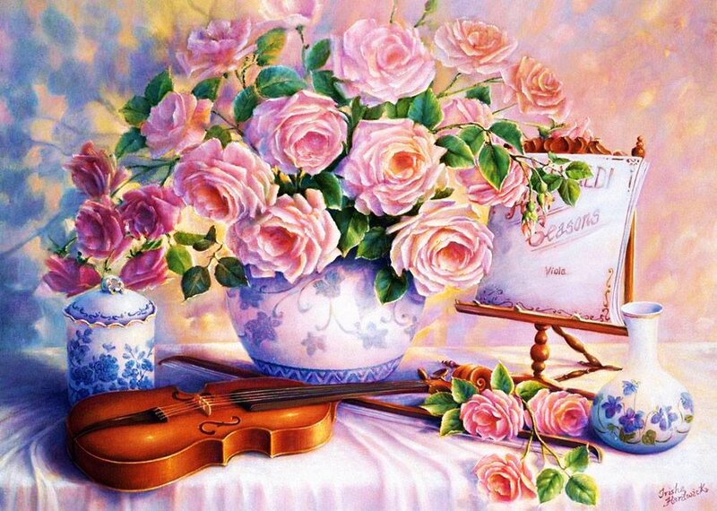 Roses and Violin — Pink, Serene