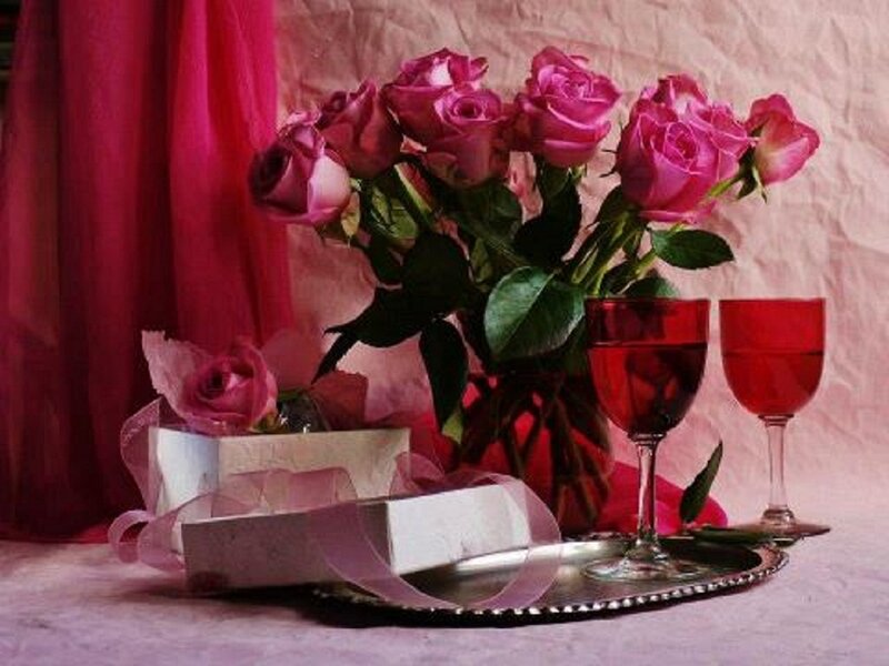 Roses and Wine Glasses — Pink, Romantic, Photograph