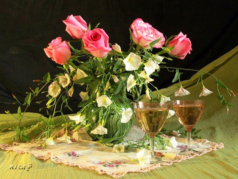 Roses and Wine Glasses — Pink, Serene