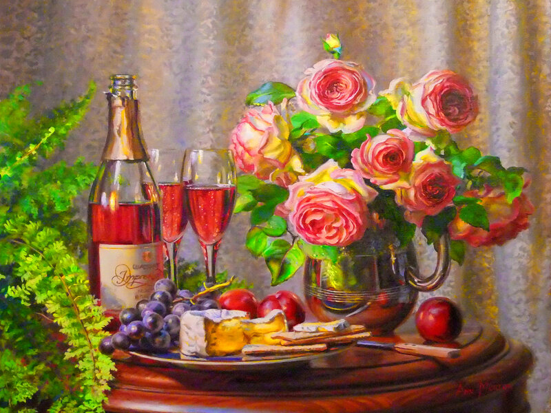 Roses and Wine on Table — Pink, Serene