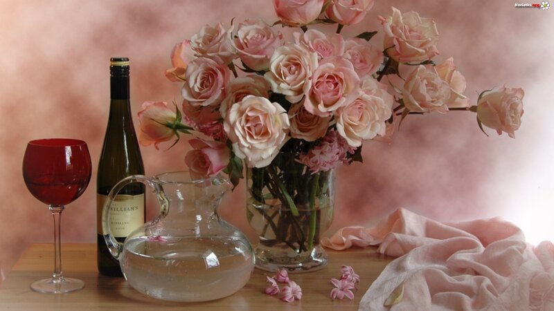 Roses and Wine on Table — Pink