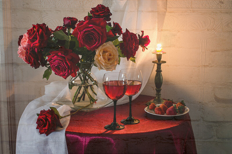 Roses and Wine on Table — Red, Romantic