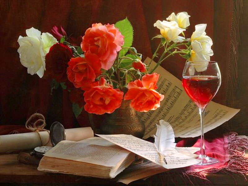 Roses and Wine on Table — Red