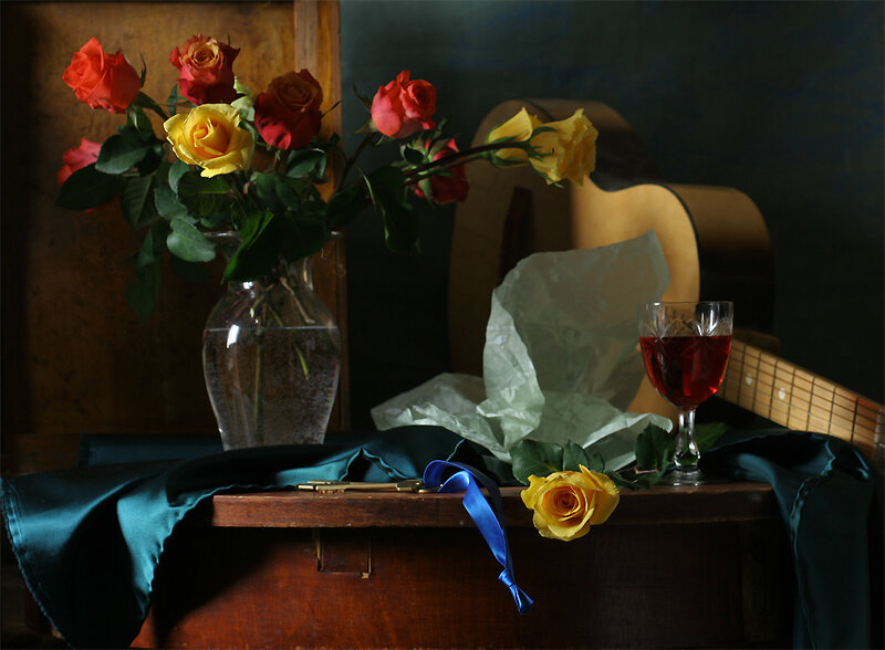 Roses and Wine on Table
