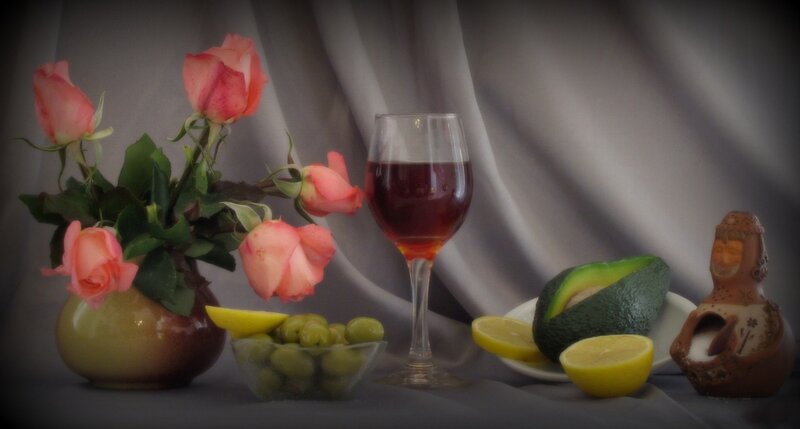 Roses and Wine Still Life — Gray