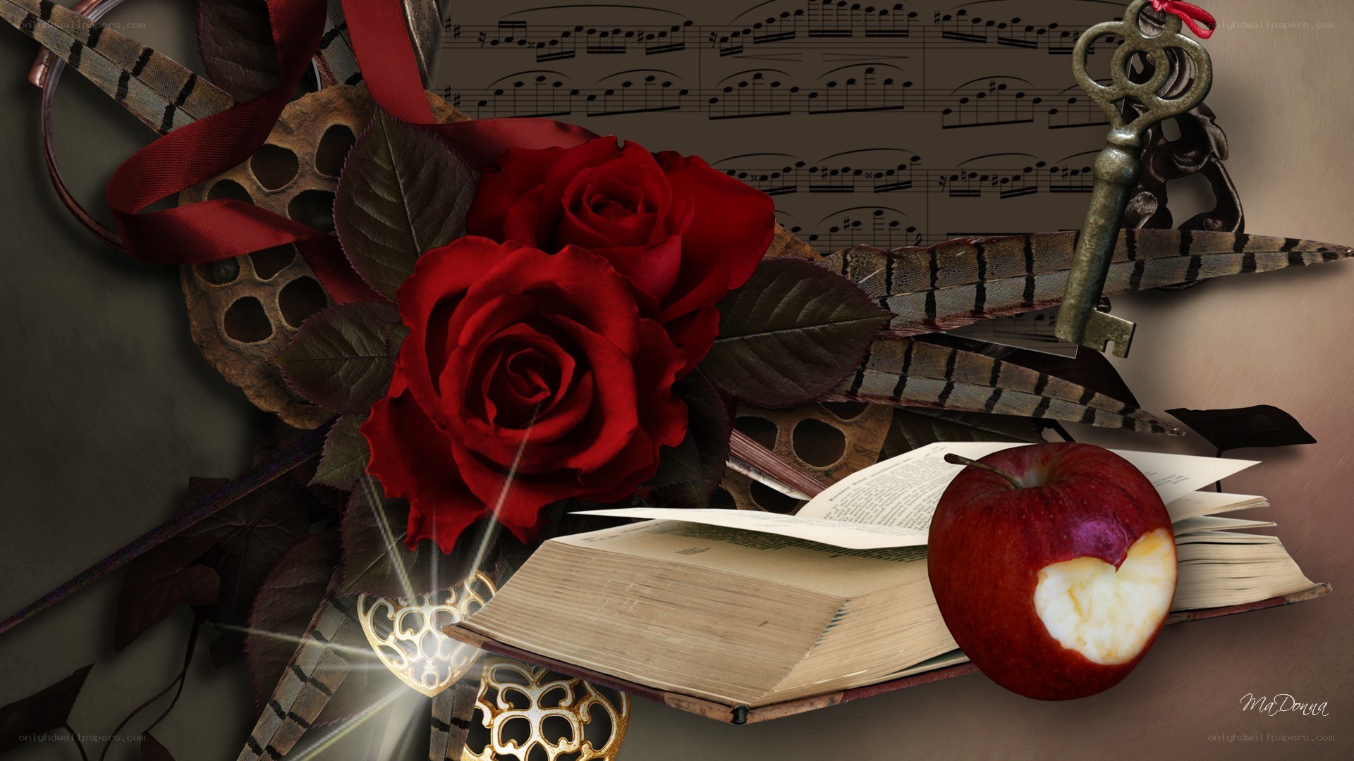 Roses, apple, and old book