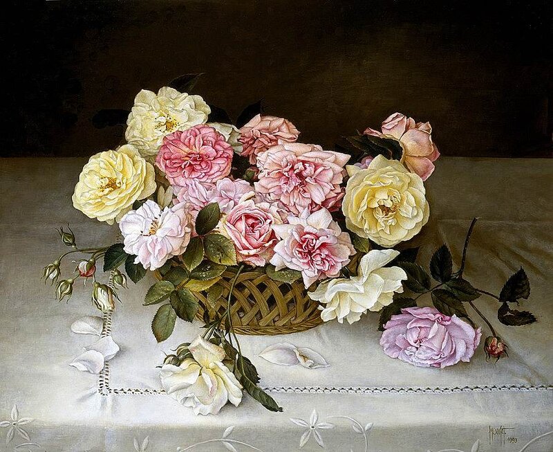 Roses in a Basket — Pink, Calm, Painting