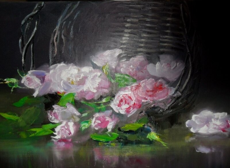 Roses in a Basket — Pink, Dramatic, Painting, Flowers