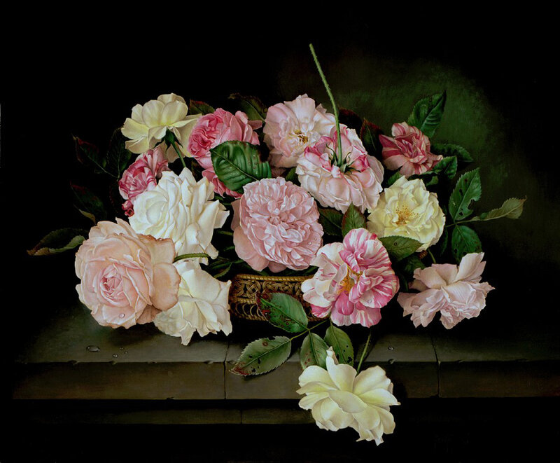 Roses in a Basket — Pink, Dramatic, Painting