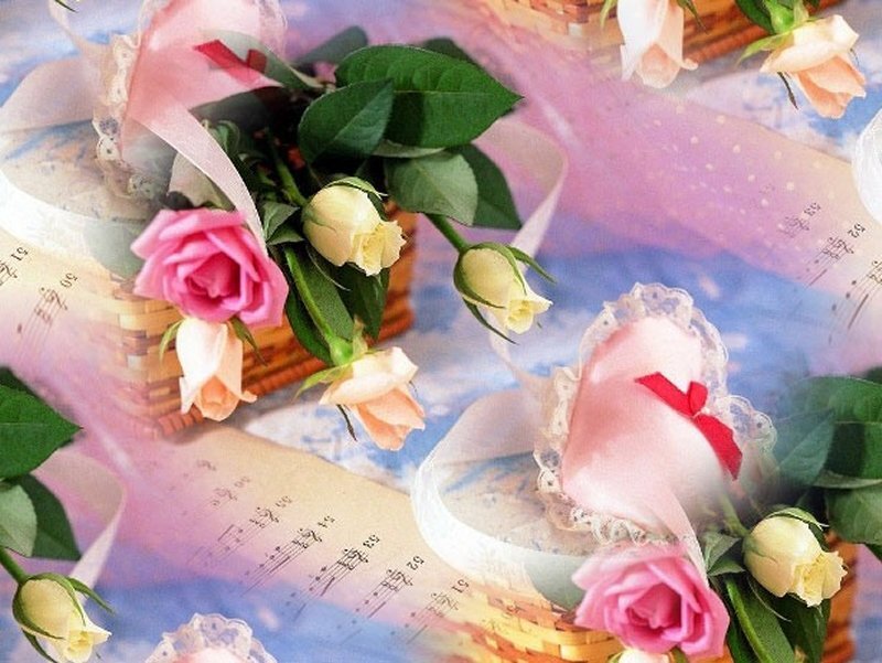 Roses in a Basket — Pink, Romantic, Illustration