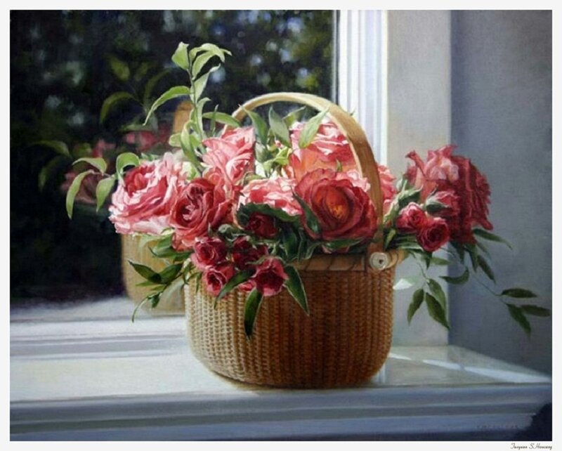 Roses in a Basket — Pink, Serene, Afternoon, Painting