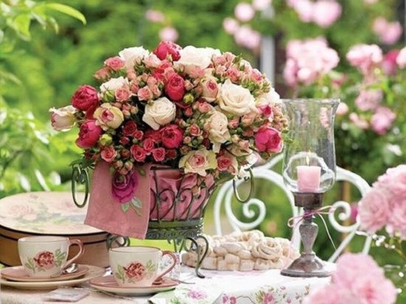 Roses in a Basket — Pink, Serene, Afternoon, Photograph, Teacups
