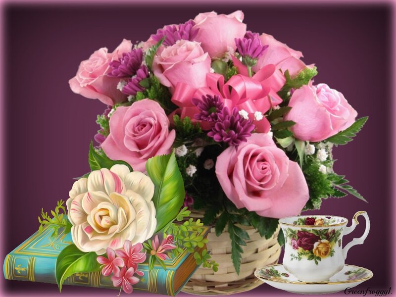 Roses in a Basket — Pink, Serene, Digital Art