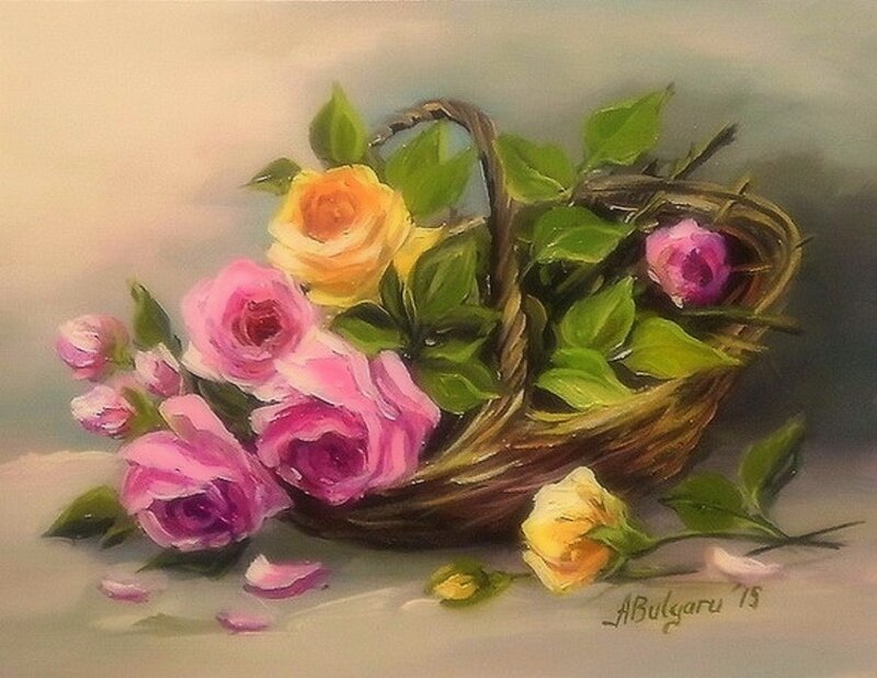 Roses in a Basket — Pink, Serene, Painting, Flowers