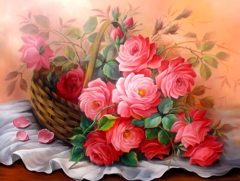 Roses in a Basket — Pink, Serene, Painting, Petals