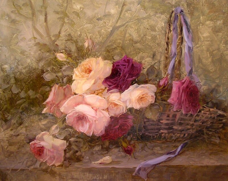 Roses in a Basket — Pink, Serene, Painting, Ribbons