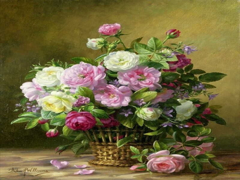 Roses in a Basket — Pink, Serene, Painting