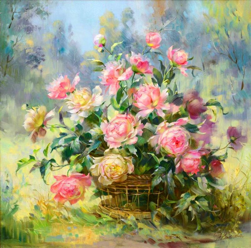 Roses in a Basket — Pink, Serene, Spring, Painting