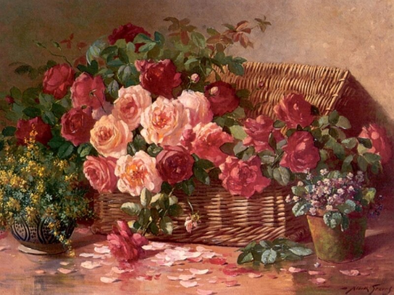 Roses in a Basket — Red, Serene, Painting