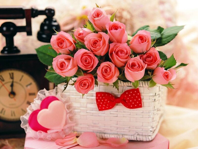 roses in a basket with heart