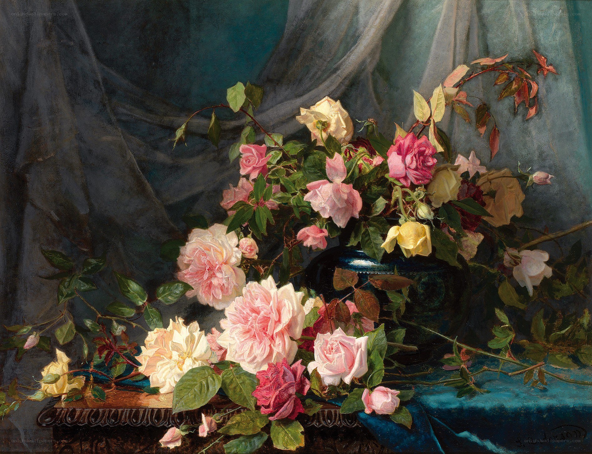 Roses in a blue vase